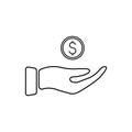 Hand and coin line icon. Finance save money concept. Arm and money black outline. Royalty Free Stock Photo